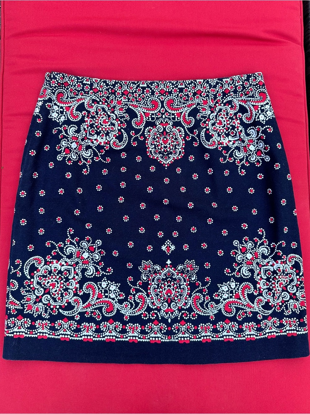 Talbots Navy Paisley Border A-Line Skirt with Red Accents